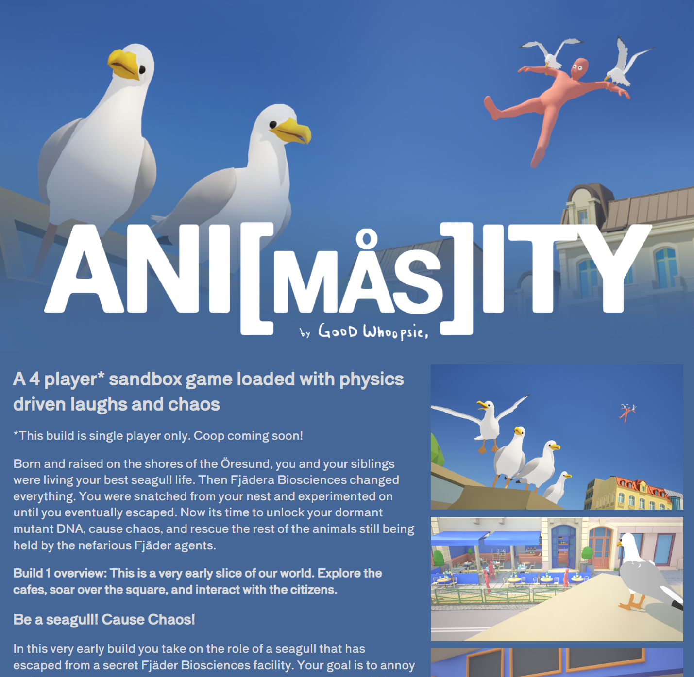 Animåsity — a 4-player physics sandbox about the seagulls of Malmö