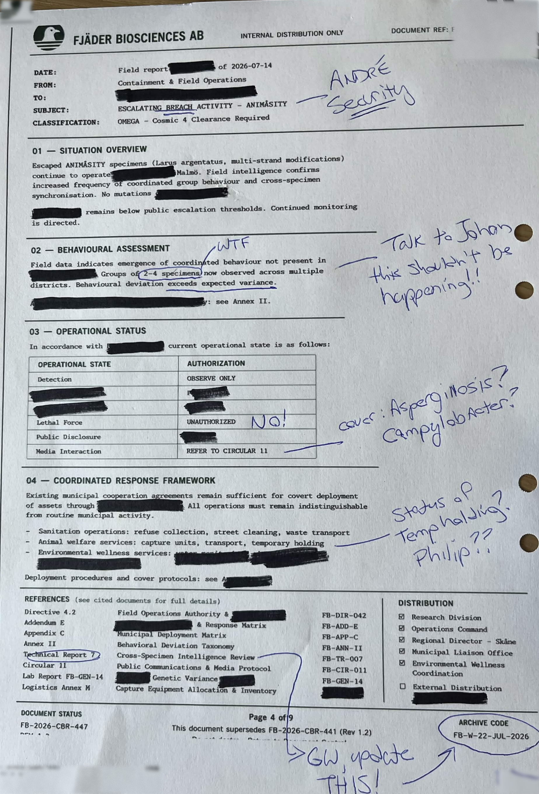 Leaked Fjäder Biosciences field report about escaped seagull specimens in Malmö