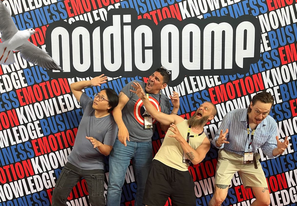 The Good Whoopsie team at Nordic Game 2026, dramatically dodging a seagull